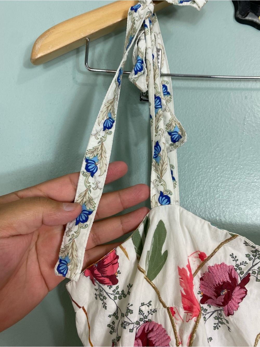 Anthropologie Tie Strap Printed Midi Dress Floral Sundress Birds Large - Picture 6 of 13